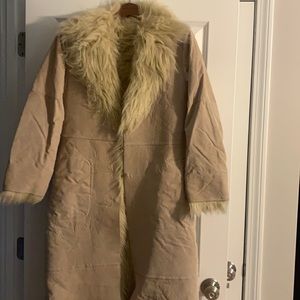Suede and fur-lined long winter coat